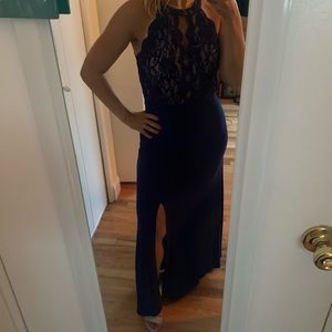 Elegant split leg halter neck dress.